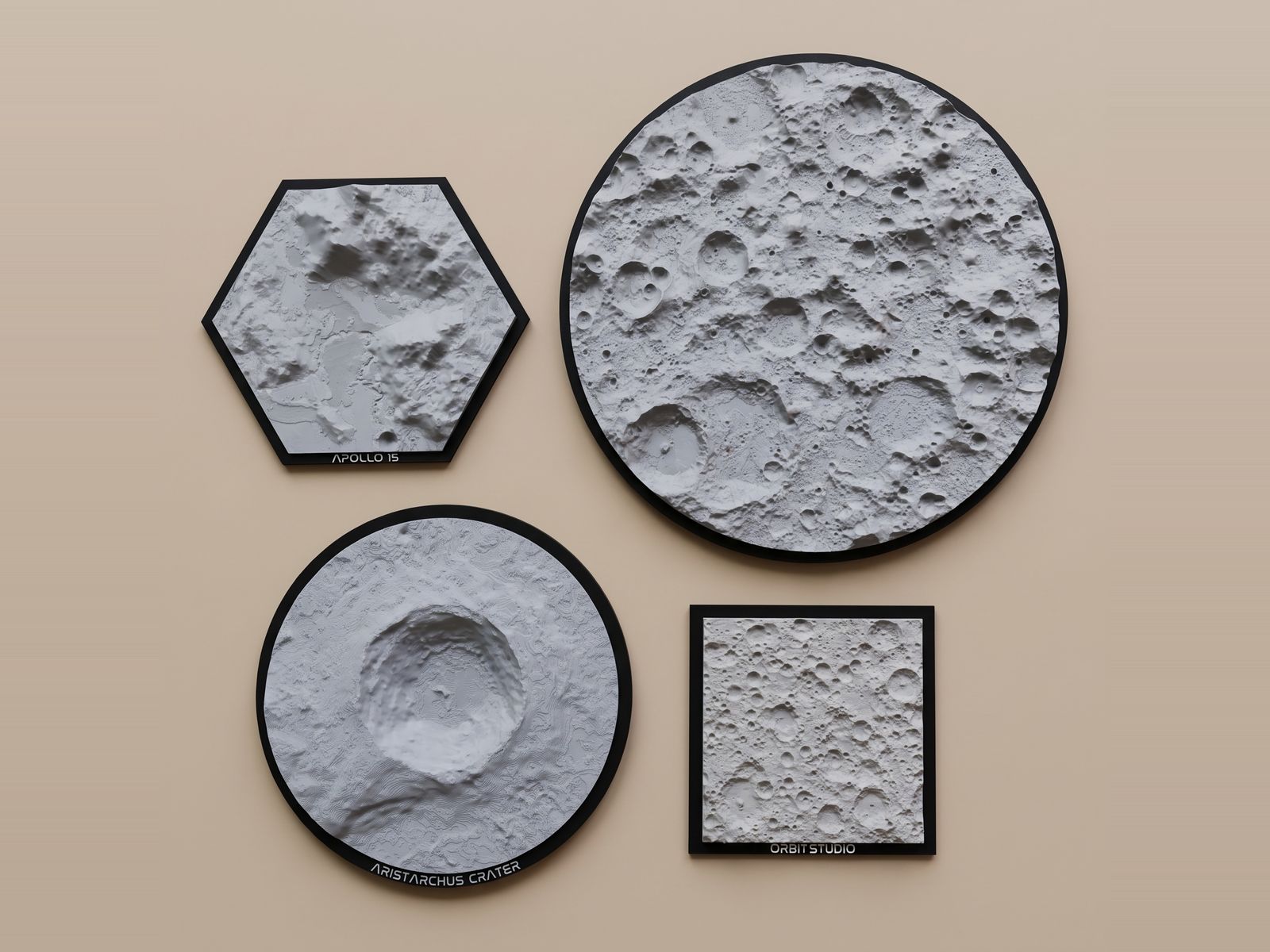 Moon ornaments 3D printed in hexagon, circle and square shapes