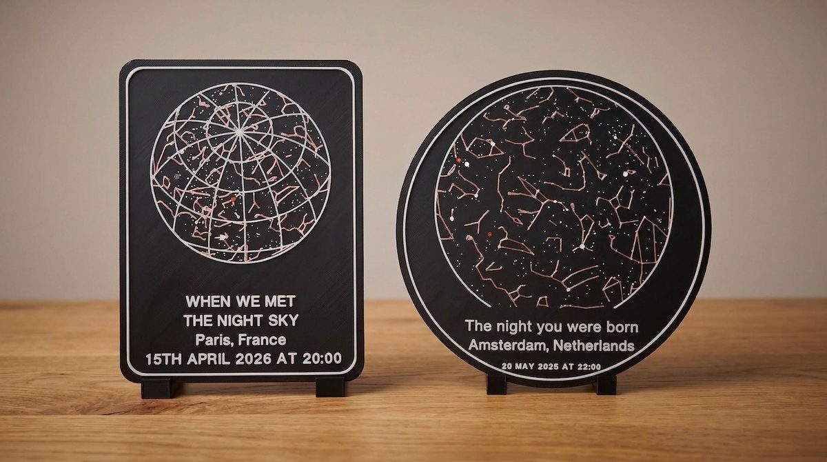 Two OrbitStudio Sky star map plates on small black desk stands: a rounded rectangle with a coordinate grid and copper constellation lines, lettered When we met, The night sky, Paris, France, 15th April 2026 at 20:00, and a round plate lettered The night you were born, Amsterdam, Netherlands, 20 May 2025 at 22:00