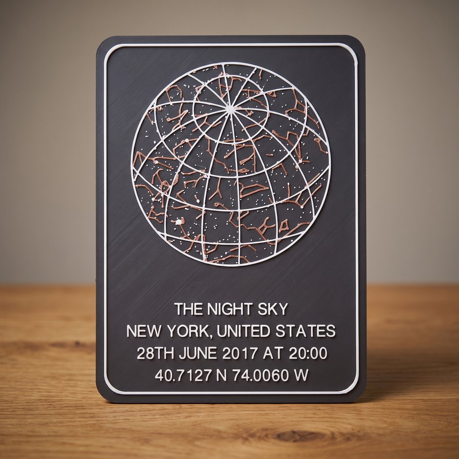 A printed OrbitStudio Sky star map on a wooden desk: a dark gray plate with a white border and copper constellation lines, lettered The Night Sky, New York, United States, 28th June 2017 at 20:00